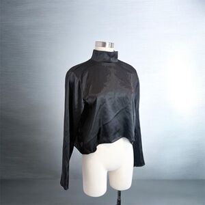 Express Black Satin Mock Neck Bell Sleeve Medium Cropped Career Buisness